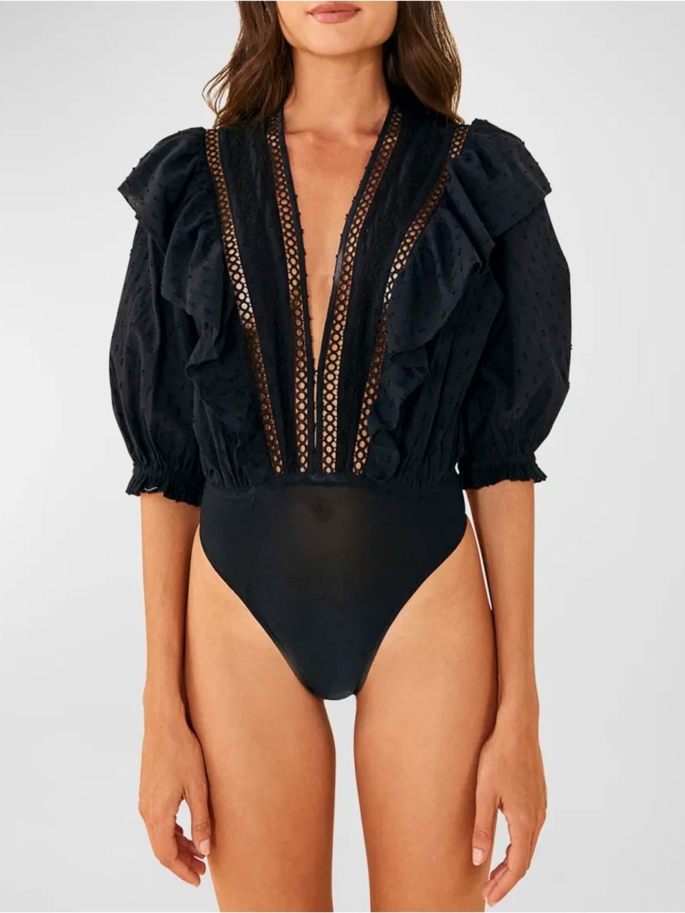 Farm Rio Black Plunge Neckline Ruffle Bodysuit – Size M - Picture 5 of 9